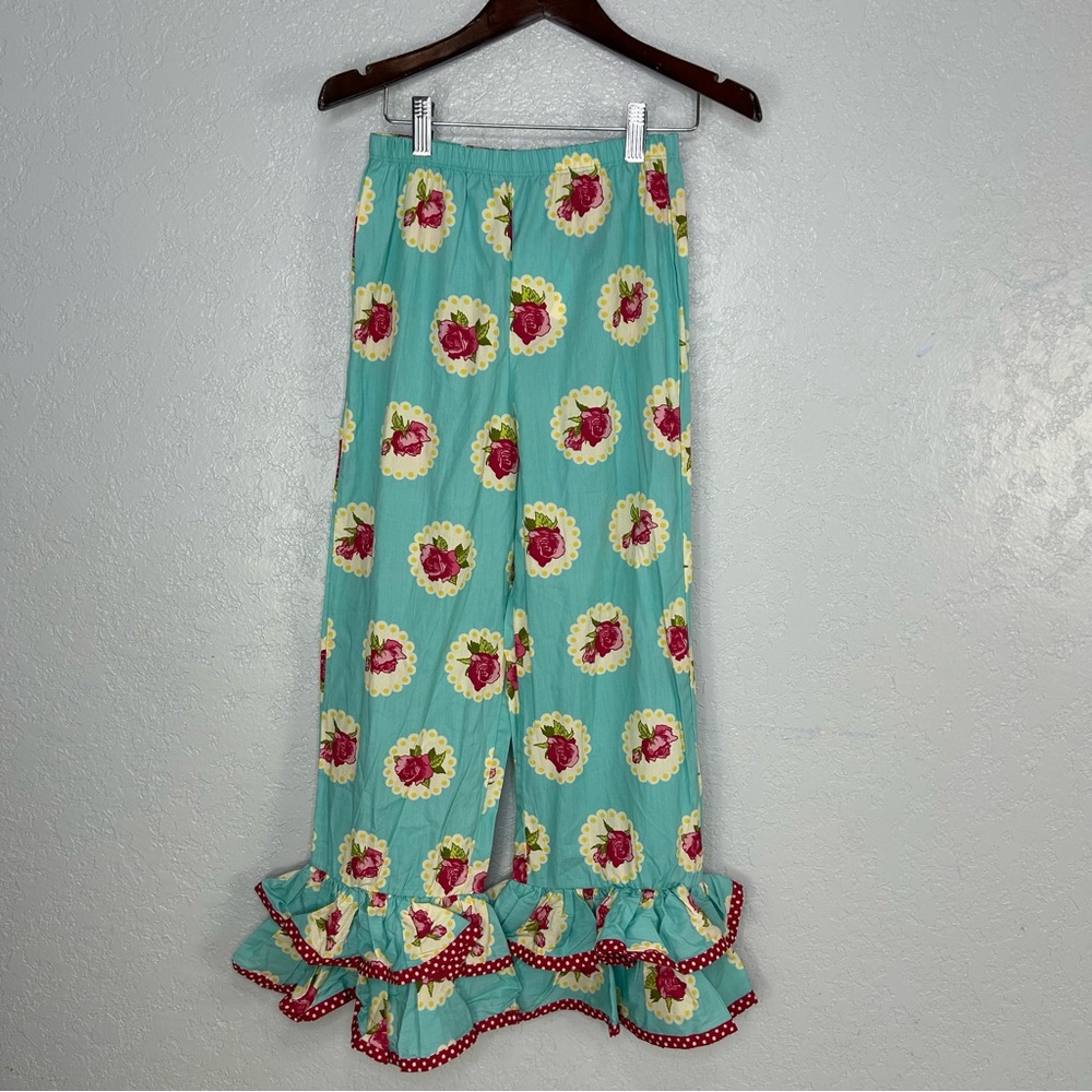NWT Jelly the Pug Blue Cotton Rose Print Polka Dot Trim Ruffle Bottom Pants 12